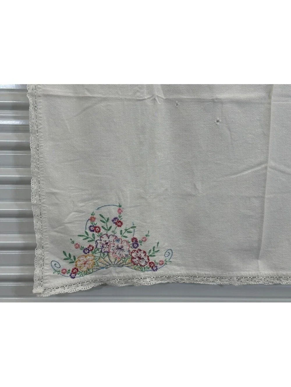 Vintage Hand Embroidered Flower Baskets Hand Crochet Trim Tablecloth